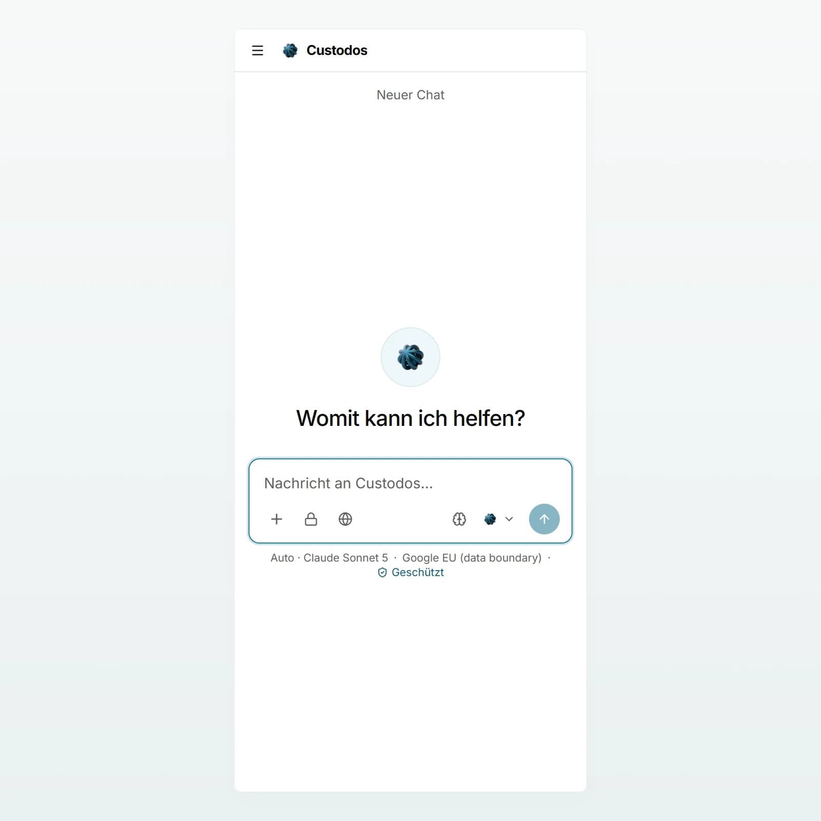 Custodos auf dem Smartphone: ein neuer Chat mit Begrüssung und Eingabefeld unter der schmalen Kopfleiste.