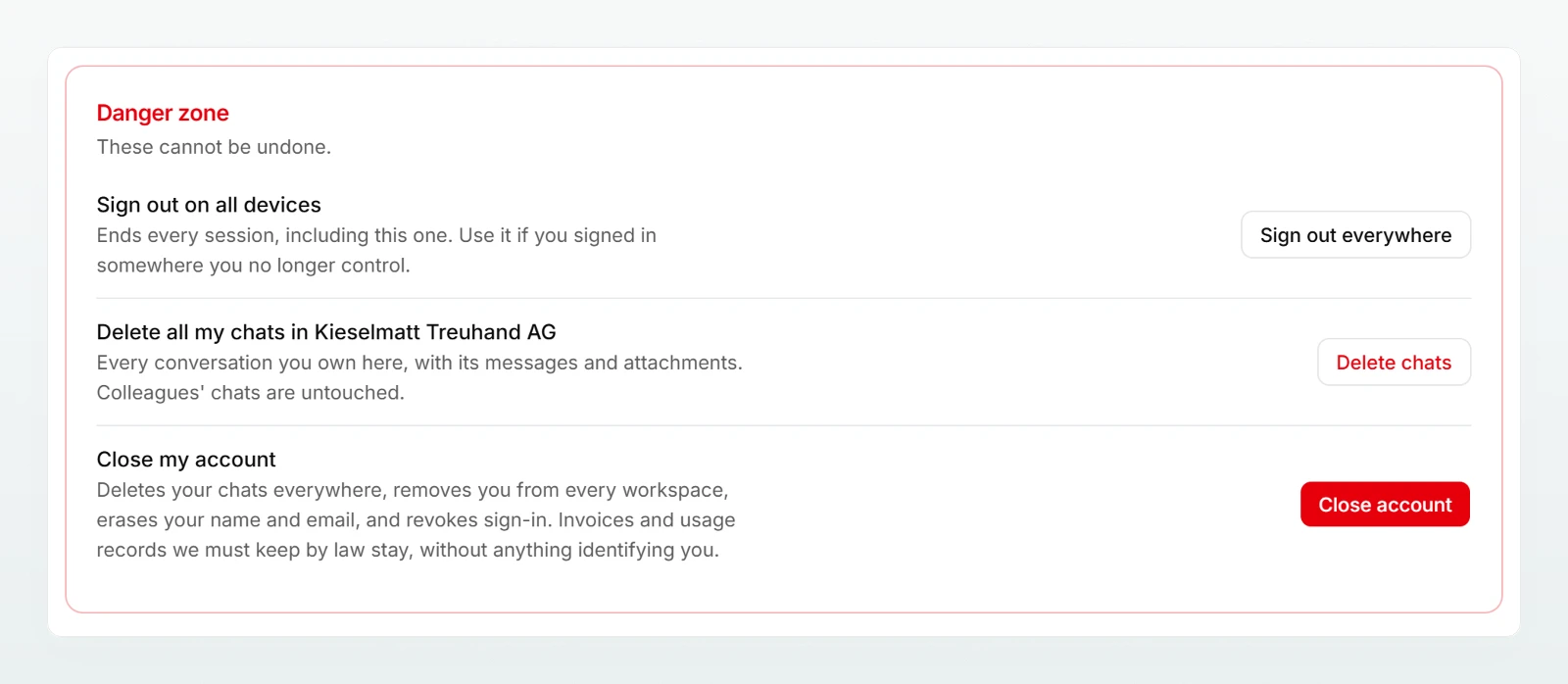 The account “Danger zone” with “Sign out everywhere”, “Delete chats” and the red “Close account” button.