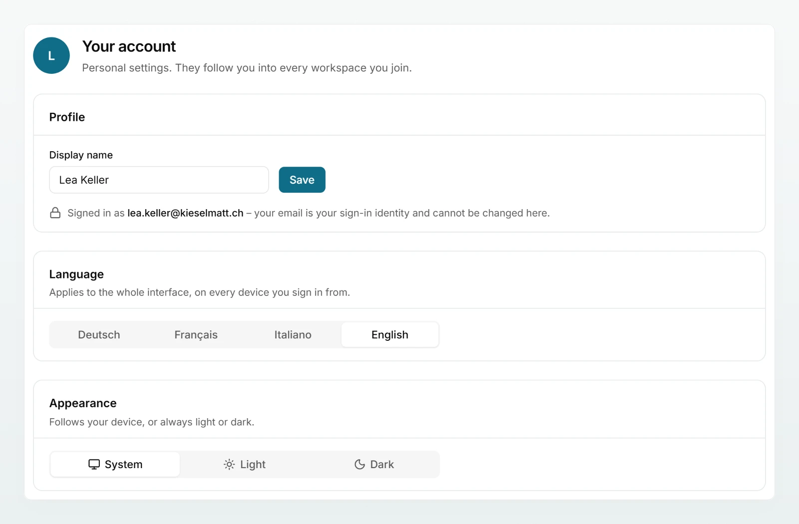The “Your account” page with Lea Keller’s “Profile” and the “Language” and “Appearance” cards.