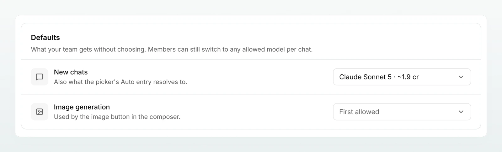 The “Defaults” card with the preset model for “New chats” and for image generation.