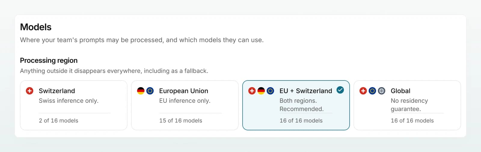 The “Models” page with the “Processing region” cards from Switzerland to Global, with “EU + Switzerland” selected.