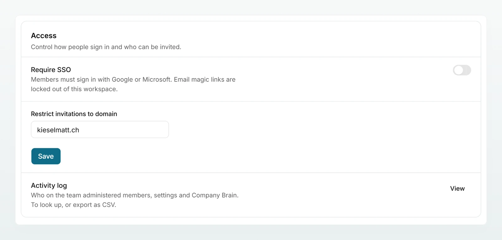 The “Access” section with the “Require SSO” switch, the “Restrict invitations to domain” field and the “Activity log” row.