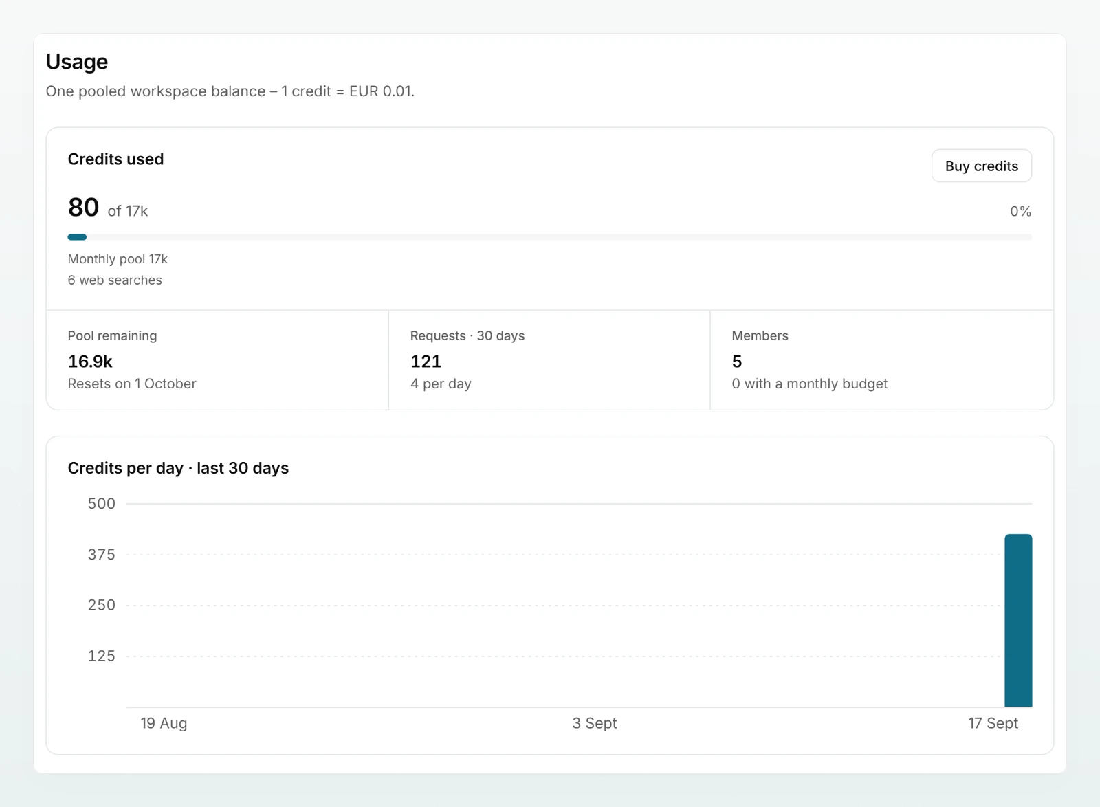 The “Usage” page with the credits used, the bar for the monthly allowance and tiles for the pool, requests and members.