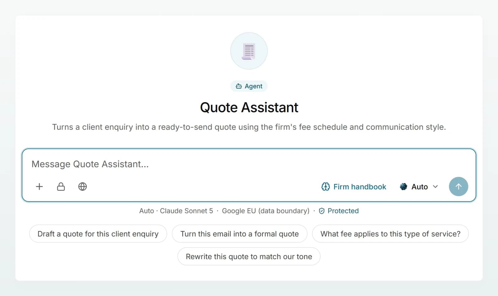 A new chat with the Quote Assistant: icon, name, description, the message box with the Firm handbook and the conversation starters.