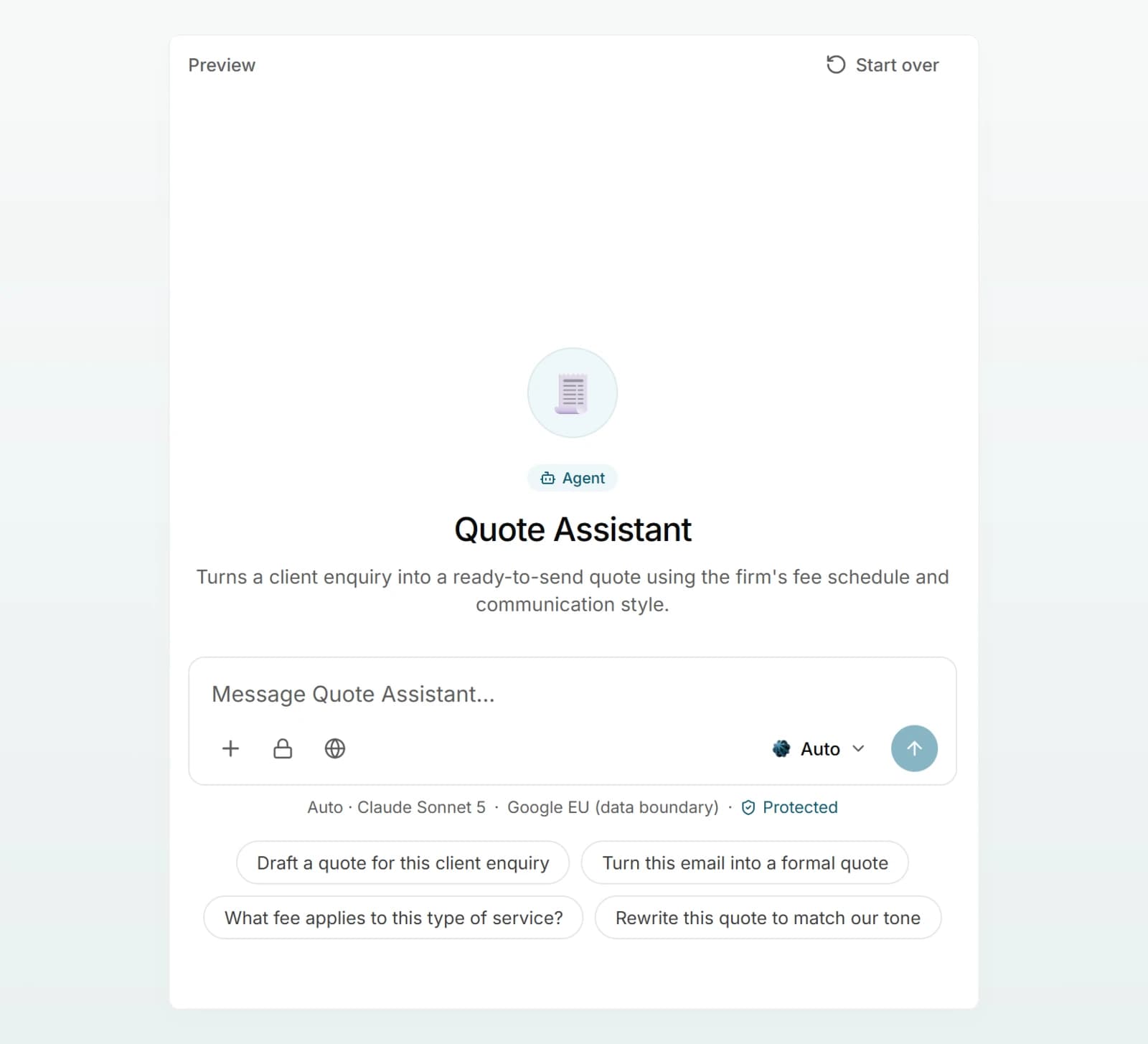 The Quote Assistant “Preview” with “Start over”, its icon, name, description, message box and conversation starters.