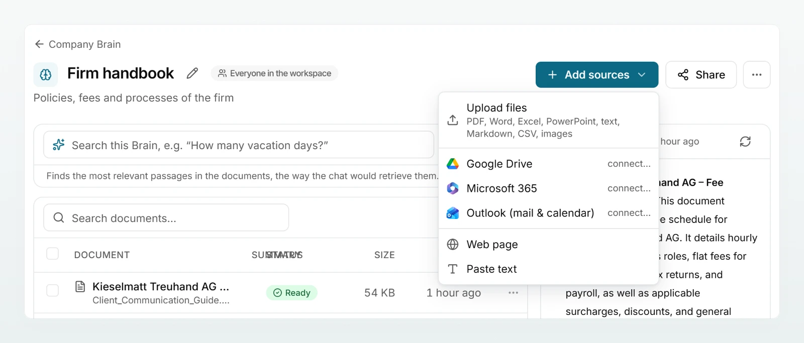 The “Add sources” menu with “Upload files”, the Google Drive, Microsoft 365 and Outlook connections, “Web page” and “Paste text”.