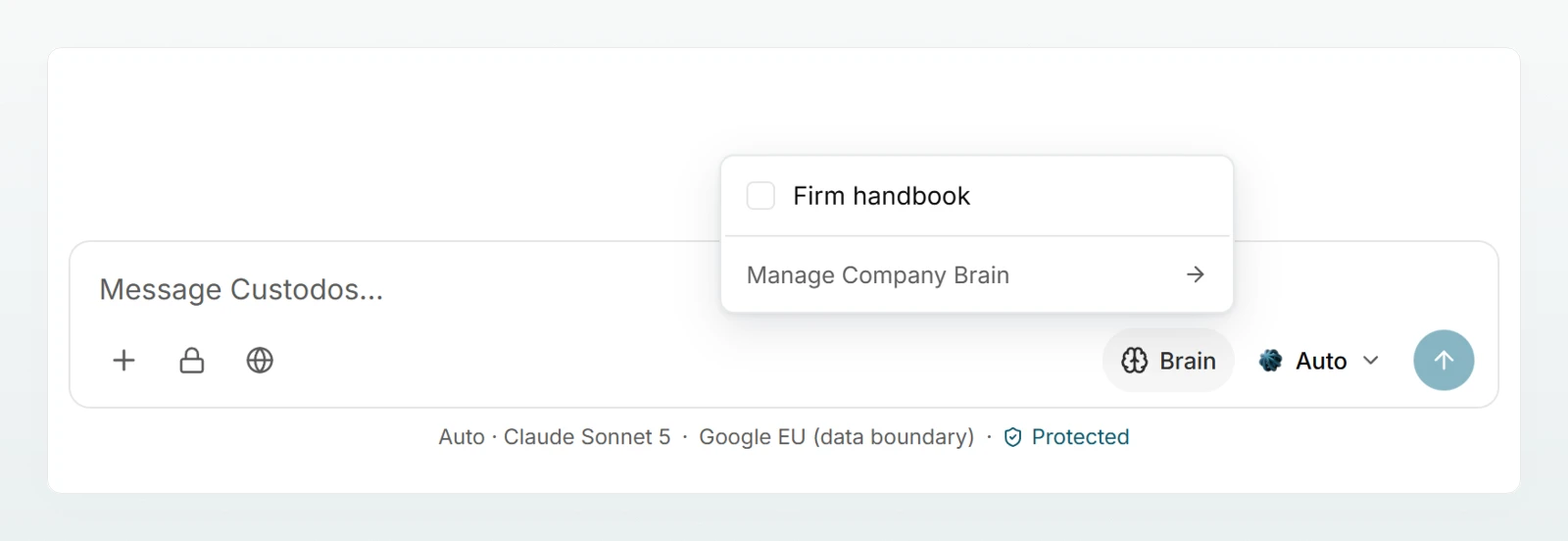 The open brain menu in the message box with the Firm handbook to tick and the “Manage Company Brain” link.