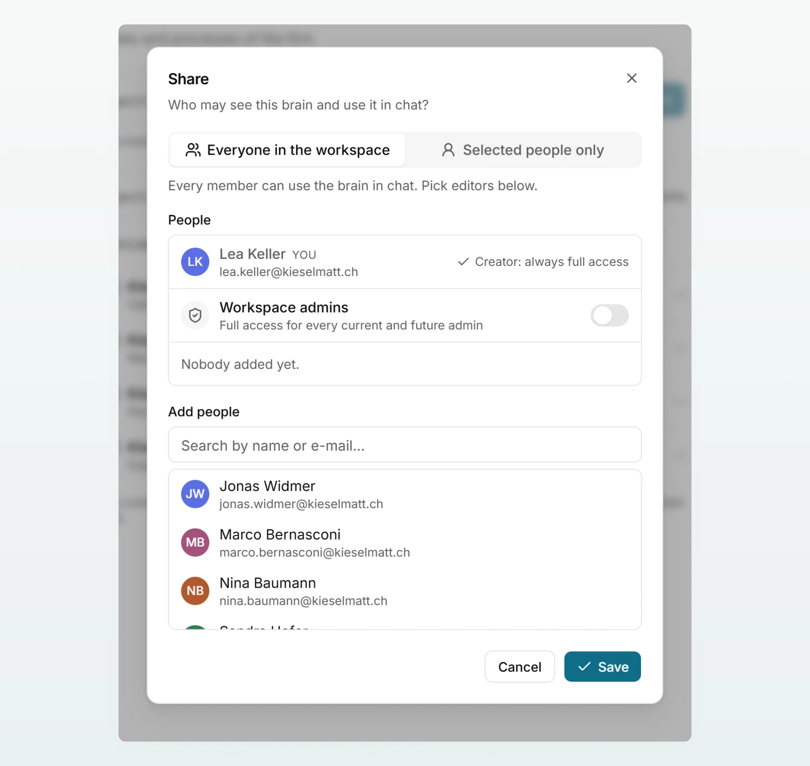 The “Share” dialog of the Firm handbook with “Everyone in the workspace”, Lea Keller as creator and the “Workspace admins” switch.