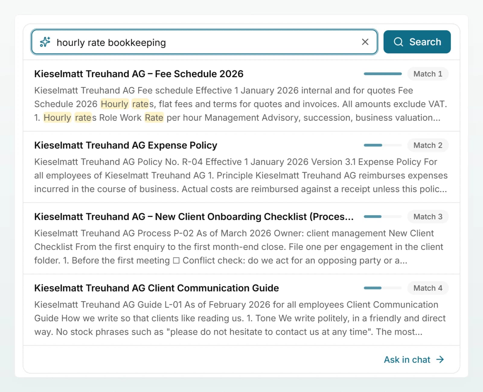 A test search in the Firm handbook for “hourly rate bookkeeping” with the best matches from the documents and the “Ask in chat” link.