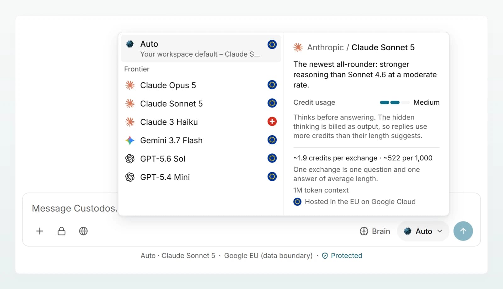 The open model picker with “Auto” and the frontier models, beside it the info card for Claude Sonnet 5 with “Credit usage” and hosting.