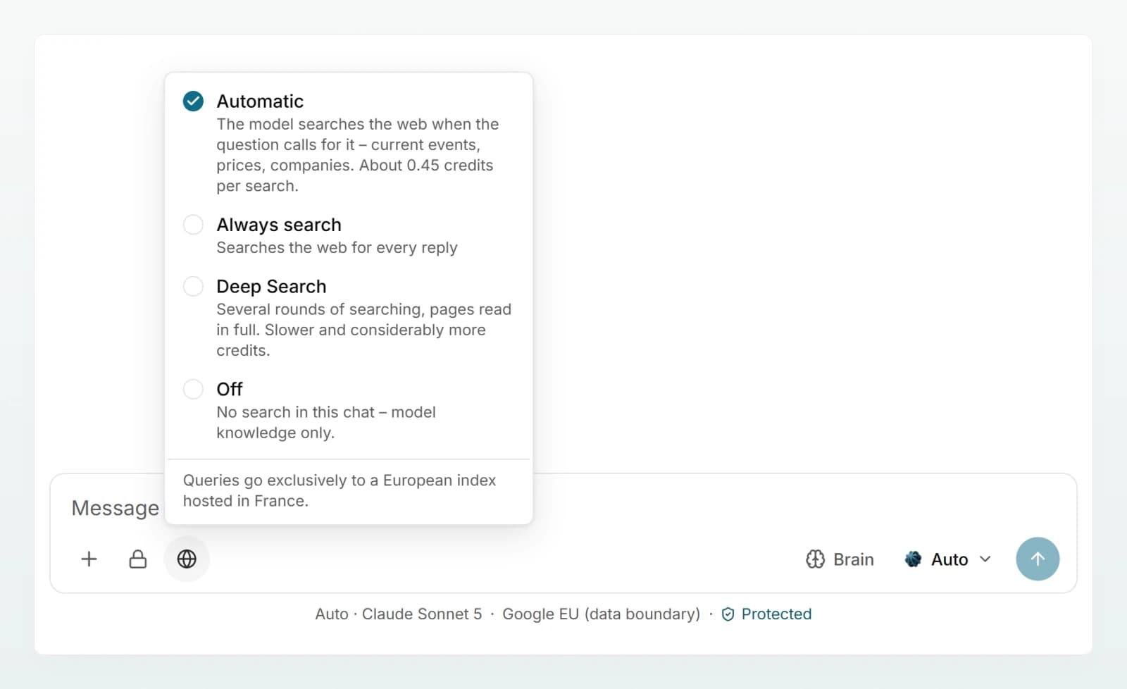The web search menu with “Automatic” (selected), “Always search”, “Deep Search” and “Off” and the note on the European index.