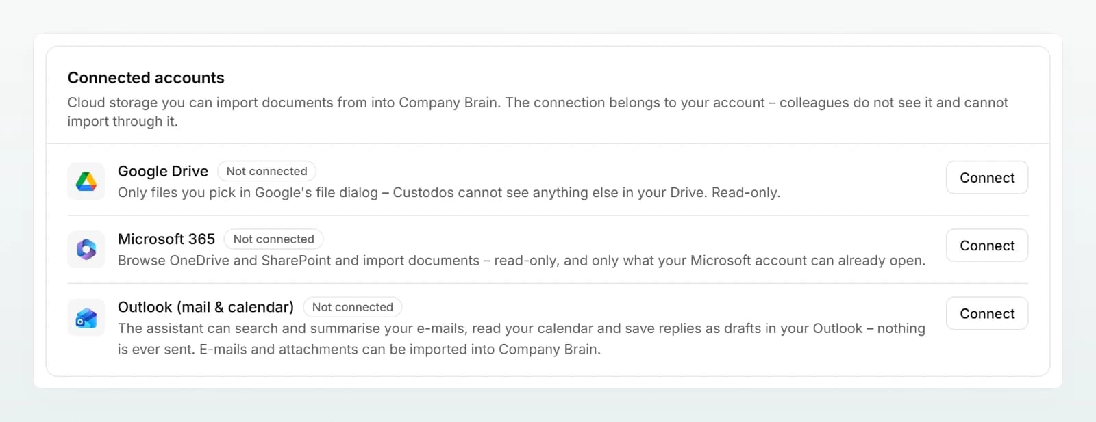 The “Connected accounts” card with the rows “Google Drive”, “Microsoft 365” and “Outlook (mail & calendar)”, each with a status and a button.