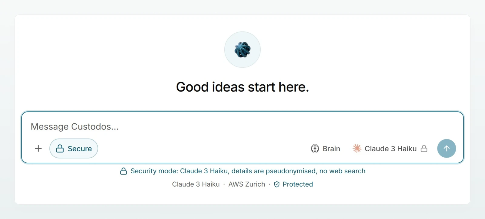 A new chat in security mode: the message box with “Secure” and the line naming the fixed model, pseudonymisation and no web search.