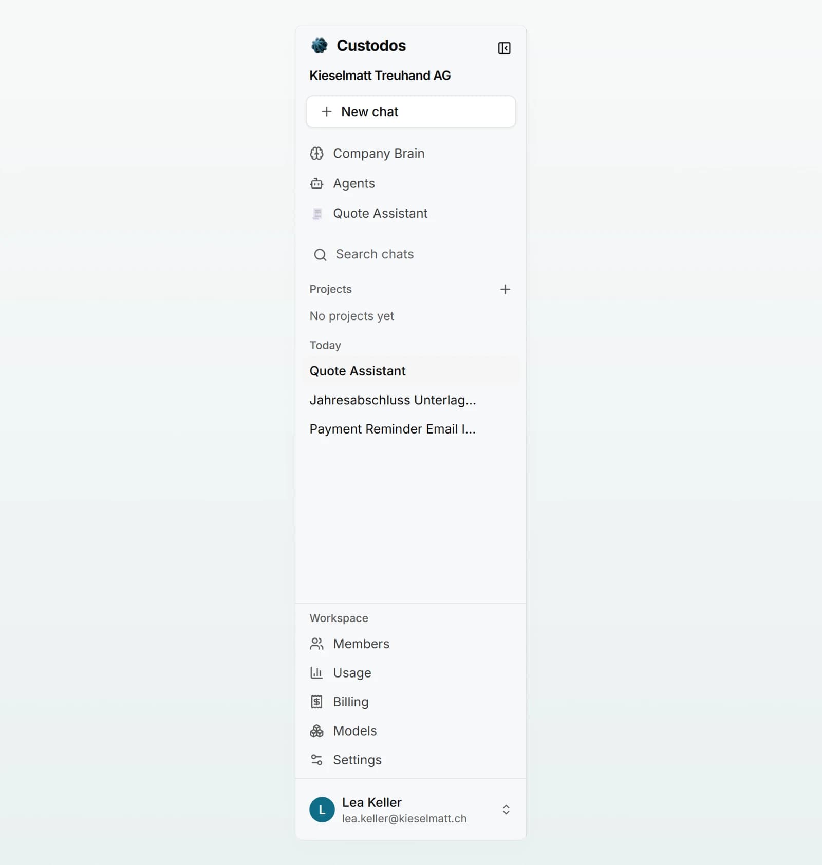 The full sidebar, from “New chat”, “Company Brain” and “Agents” with the Quote Assistant via “Projects” down to the account at the bottom.