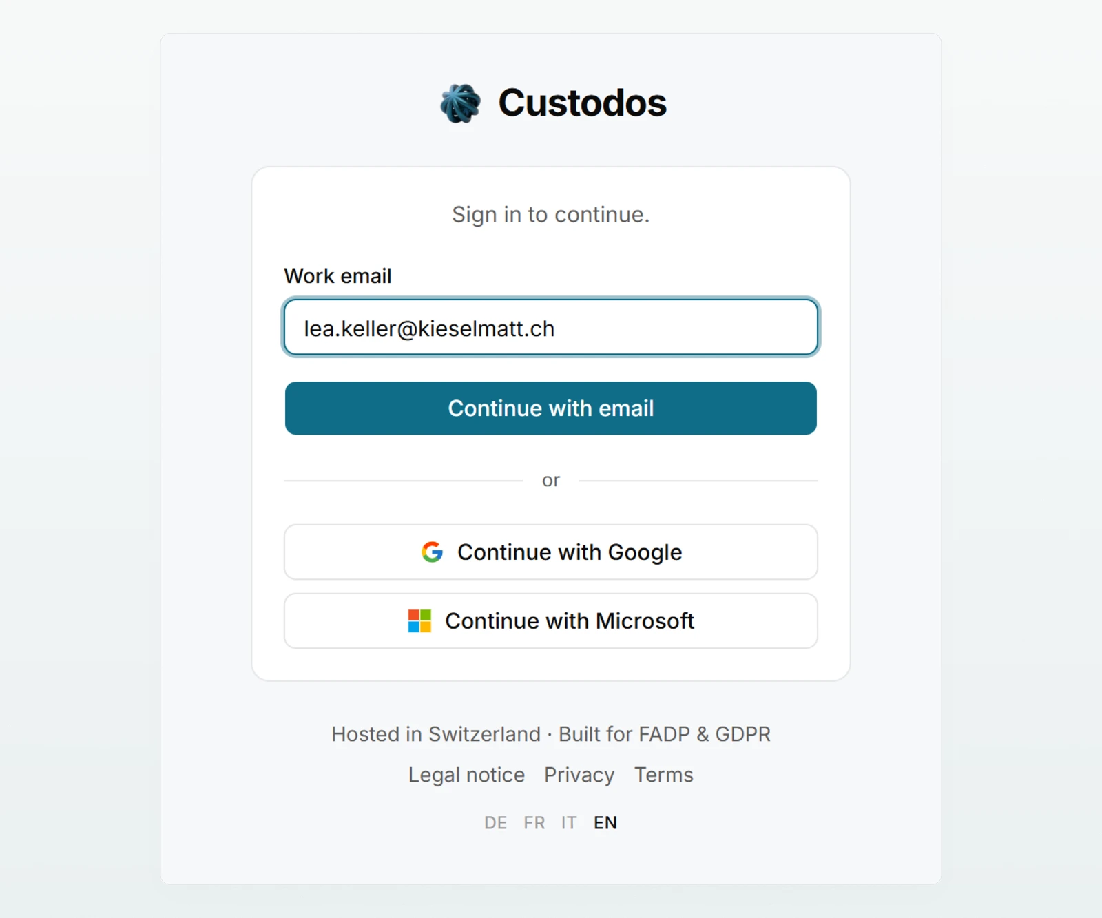 The sign-in page with Lea Keller’s email address and the buttons “Continue with email”, “Continue with Google” and “Continue with Microsoft”.